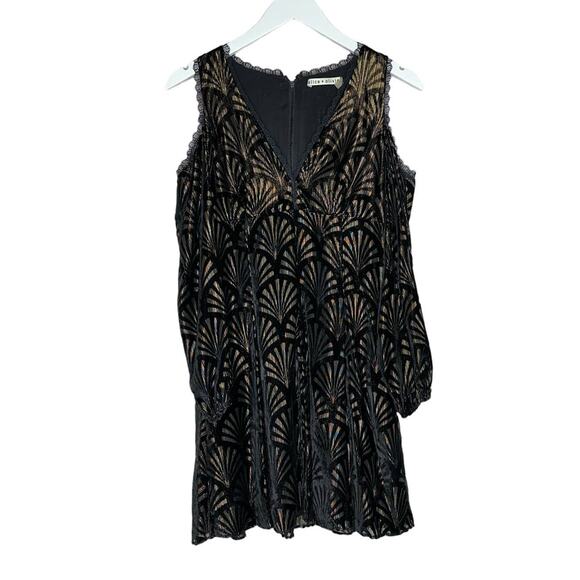 Alice + Olivia Arla Cold Shoulder Black and Gold Fit and Flare Mini Dress Size 2 - Picture 3 of 12